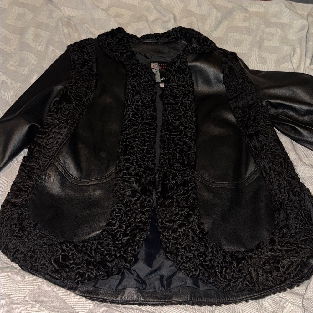 Black lamb fur trim lambskin leather coat L - Picture 12 of 12